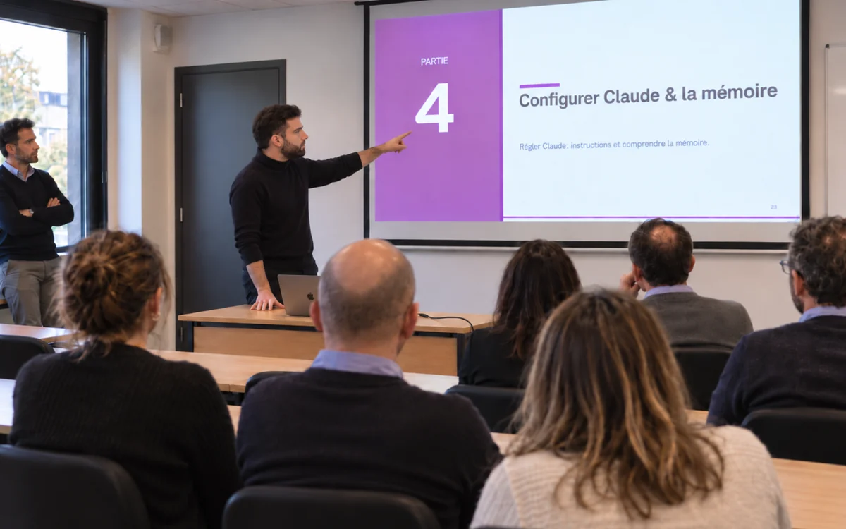 Journée de formation IA : Clément Remillieux devant six participants